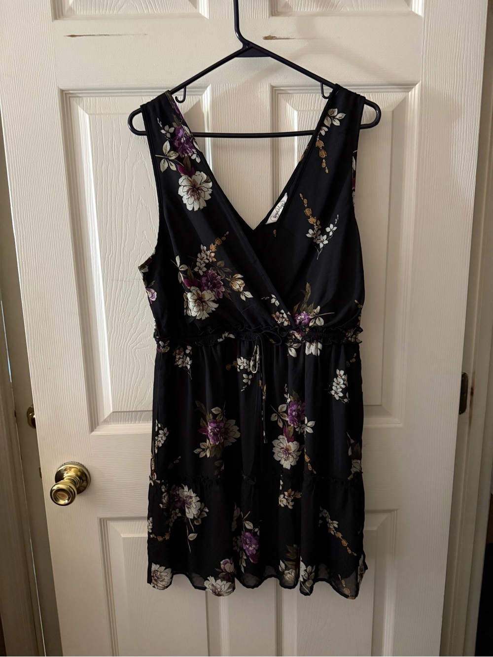 Speechless Black Floral V-Neck Mini Dress with Purple & Cream Blooms